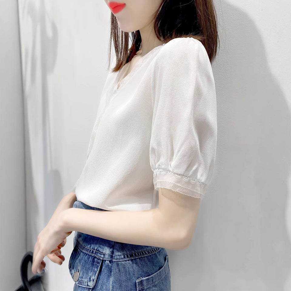 New Stylish Loose V-neck Puff Sleeve Design Sense Niche Lace Top