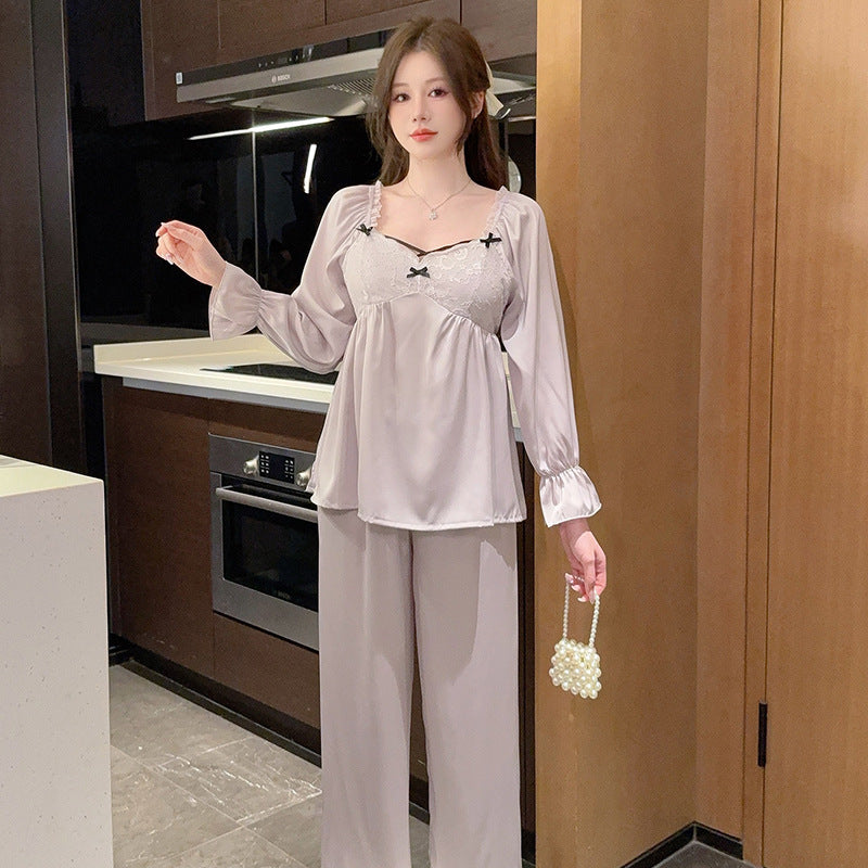 New SpringSummer High-End Womens Long-Sleeve Pajama Set With Chest Pads And Long Pants