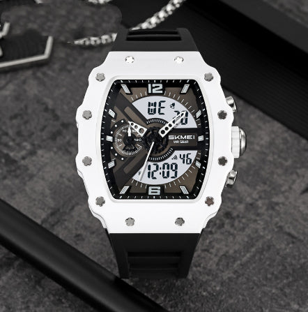 Multifunctional Mens Watch With Dual Displays Featuring A Stylish Barrel-shaped Case
