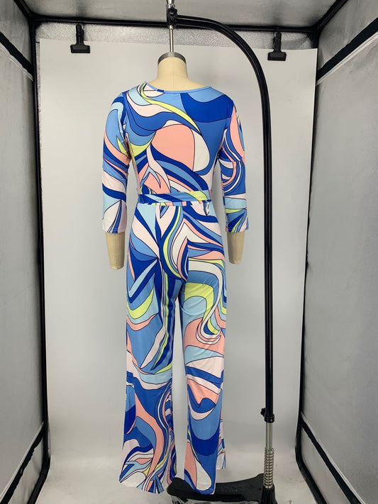 Women's V-Neck Long Sleeve Print Jumpsuit