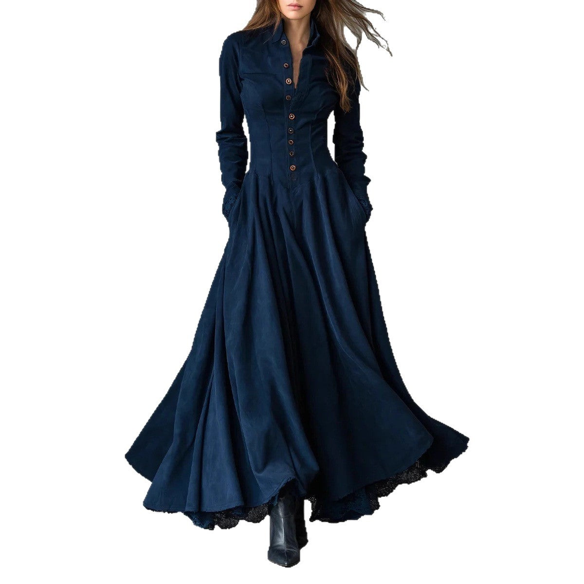 Retro Faux Suede Lace-Trimmed Patchwork Shirt Dress
