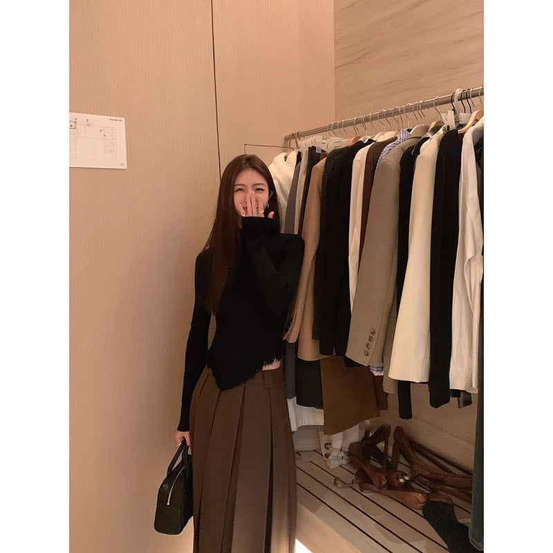 Women's Solid Color Semi High Neck Tassel Knit Base Sweater