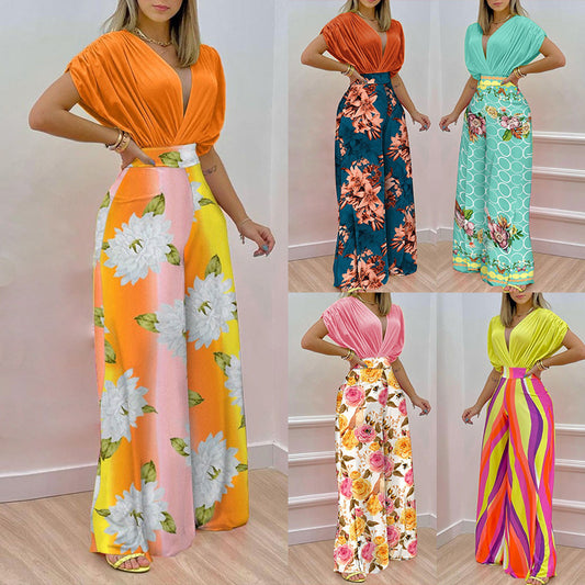 Women's Fashion Casual Temperament V-neck Print Wide Leg Pants
