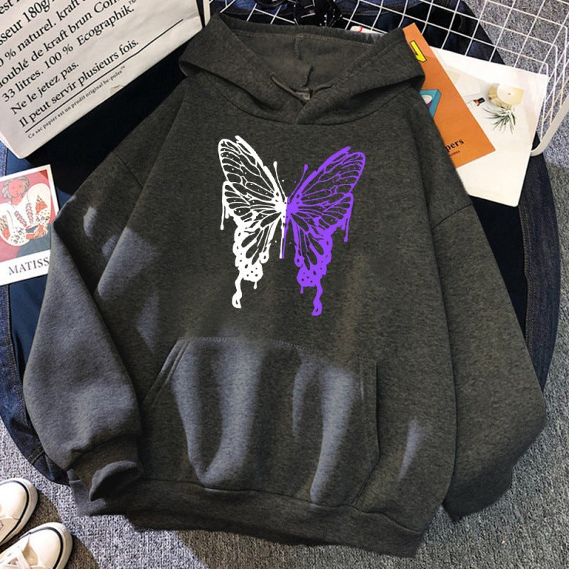 White And Purple Butterfly Pattern Hoodie