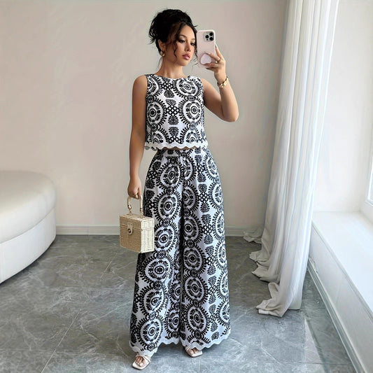 Plant-patterned Crew-neck Sleeveless Top And Wide-leg Pants Set With A Printed Design