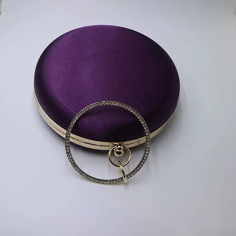 Silk Satin Round Clutch Purse for Women - Elegant Evening Wristlet Handbag in Purple