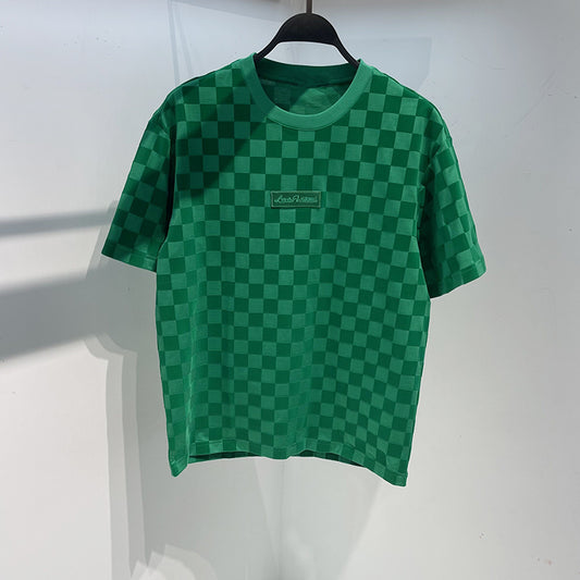 Grøn Crew Neck Plaid Print Net Rød Casual T-shirt
