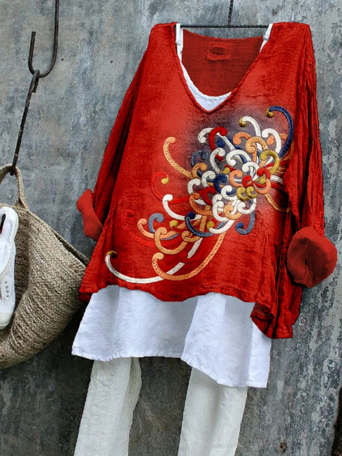 Red Spider Lily Linen Blend Long-sleeve Top