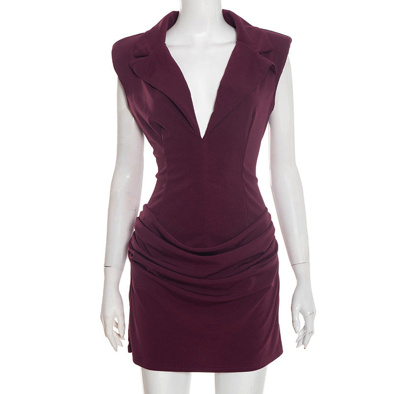 Womens Solid-Color Defined-Waist Slim-Fit Elegant Dress