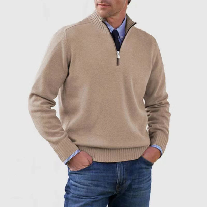 Sweater til mænd med lynlås og opretstående krave Vintermode Ensfarvet Strikket Langærmet Top Tøj