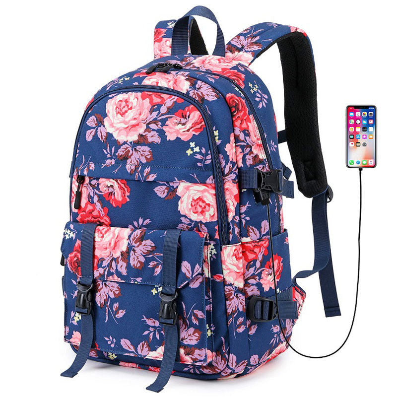 Women's Fashion Thermal Transfer Flower Multi-functional Backpack