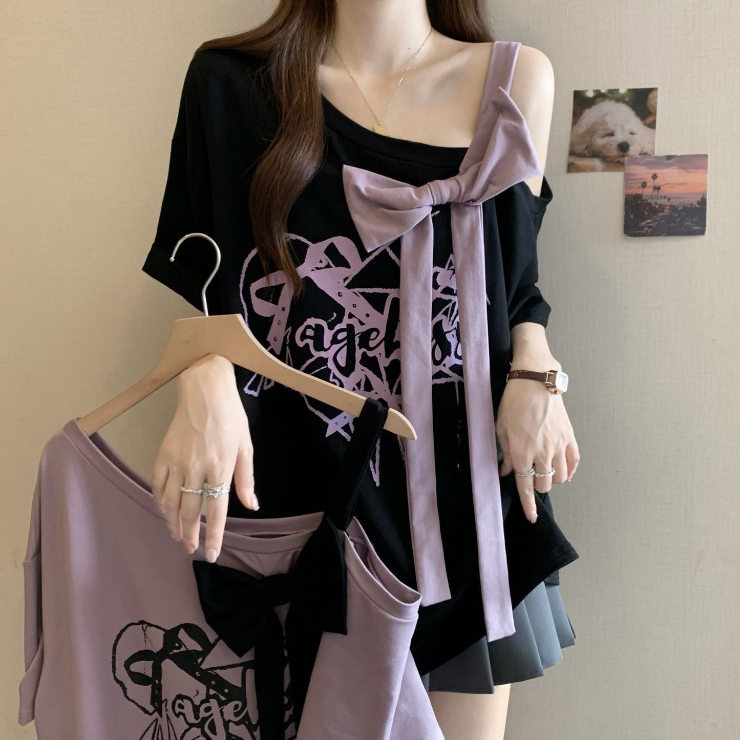 Large Size Three-dimensional Bow Off-the-shoulder Short Sleeve Summer New Loose