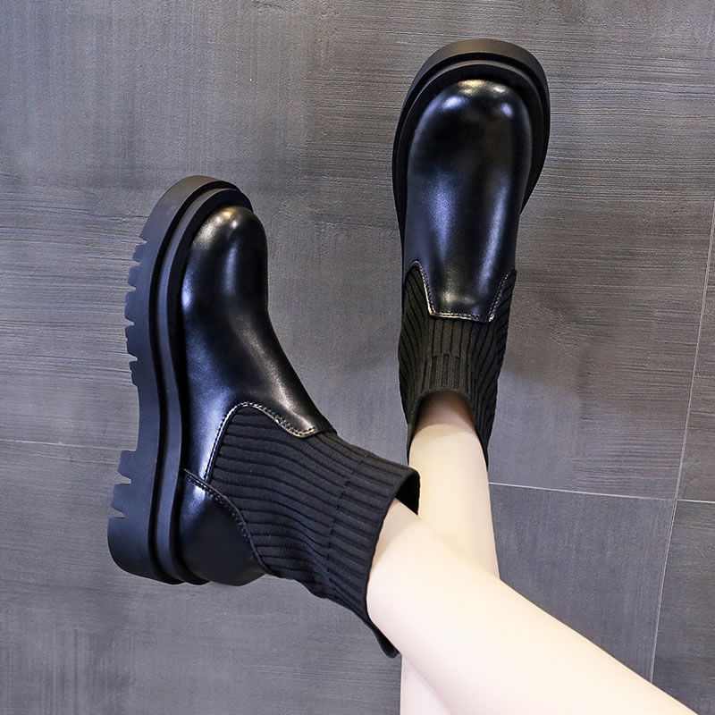 British Style Wild Lace-up Platform Stitching Short-knit Martin Boots