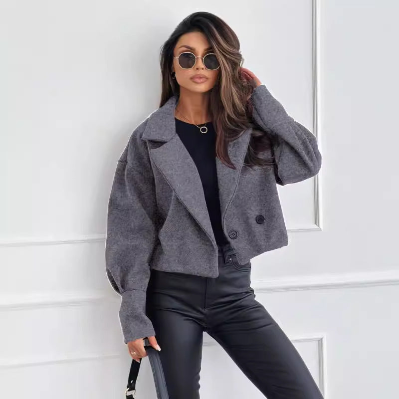 Fashionable All-match Suit Collar Short Woolen Coat