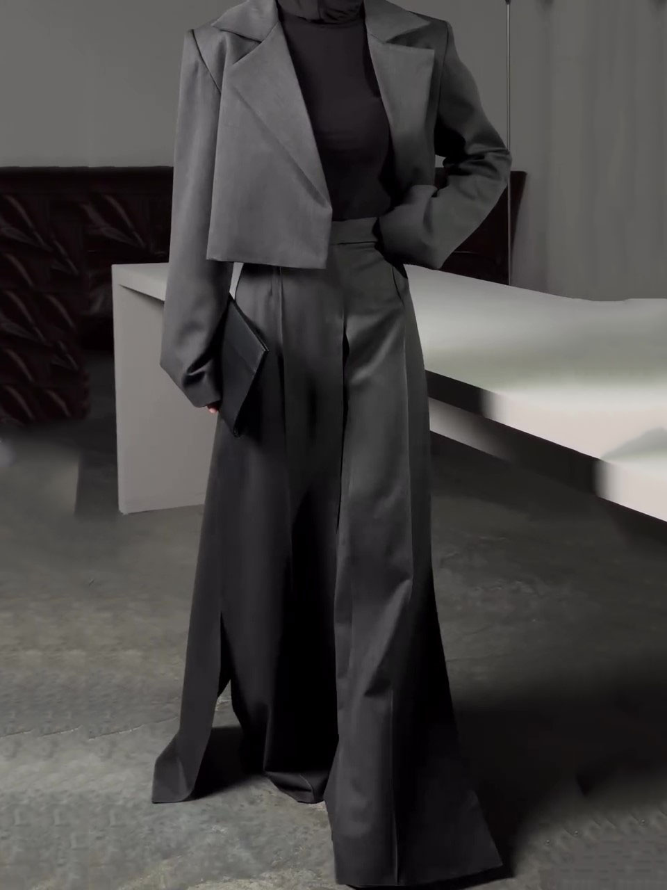 Cropped Blazer & High Slit Wide Leg Maxi Skirt 2-Piece Set