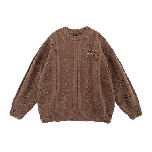 Idle Style Ripped Twist Round Neck Knitted Sweater