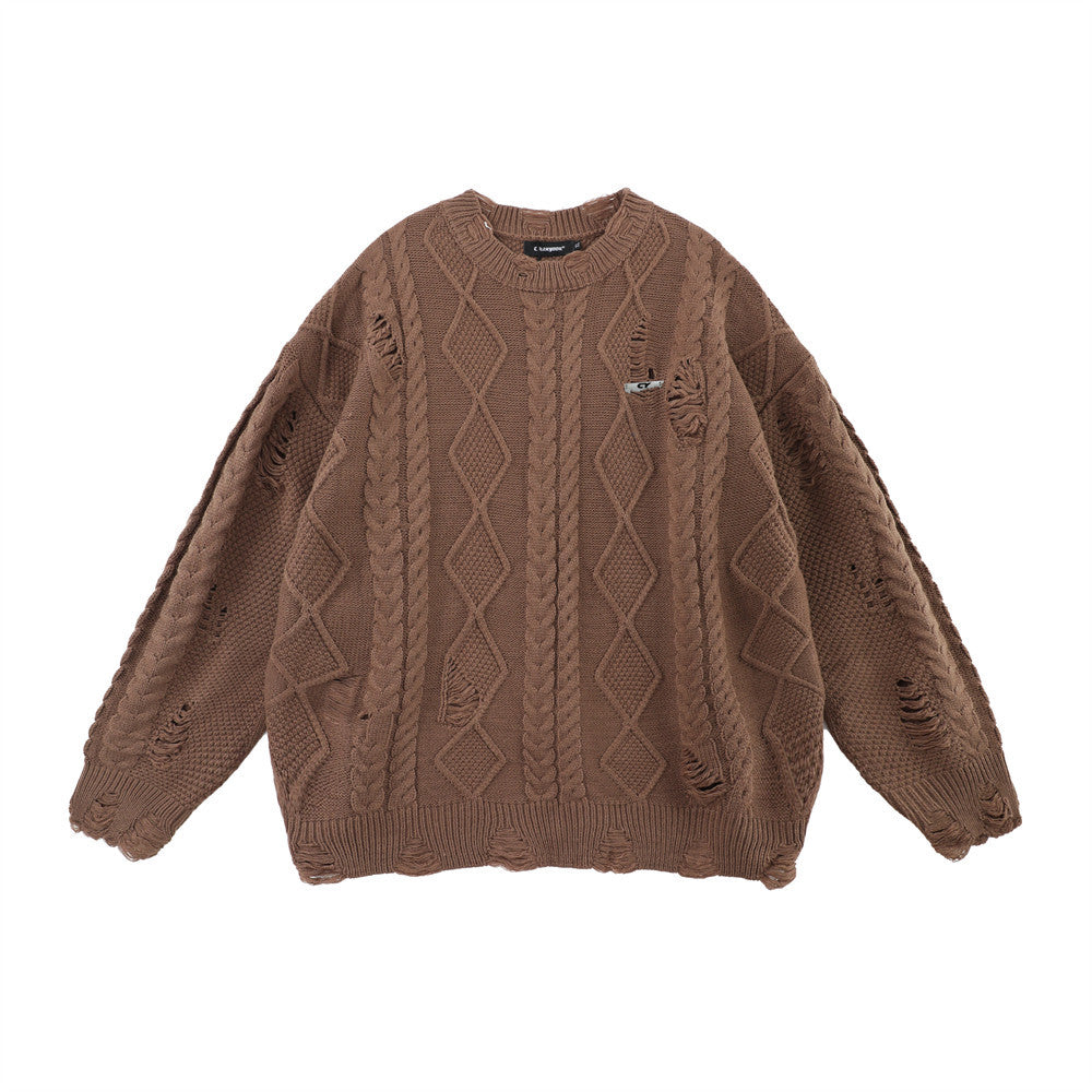 Idle Style Ripped Twist Round Neck Knitted Sweater