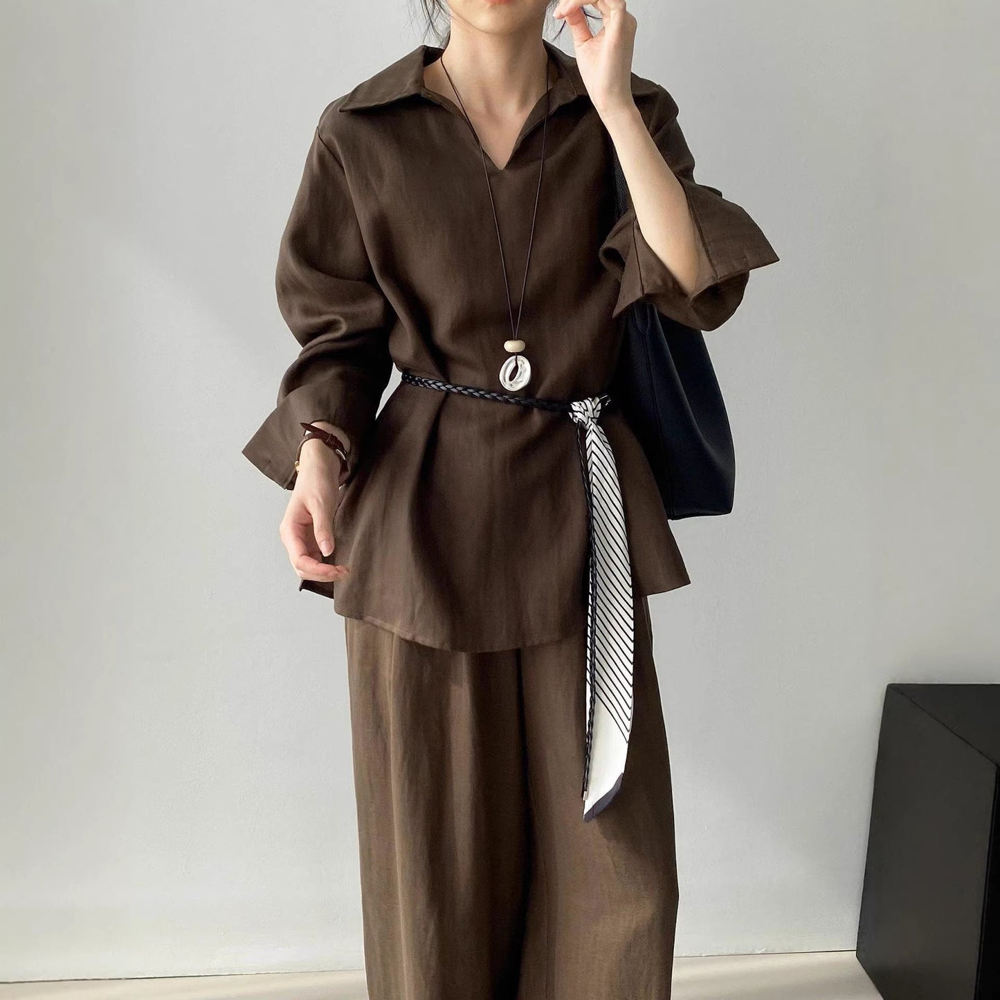 Women's Casual Shirt And Elastic-Waist Wide-Leg Pants Two-Piece Set