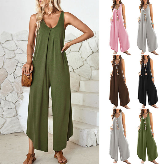 Women's Casual Sleeveless V-neck Pocket Wide Leg Jumpsuit