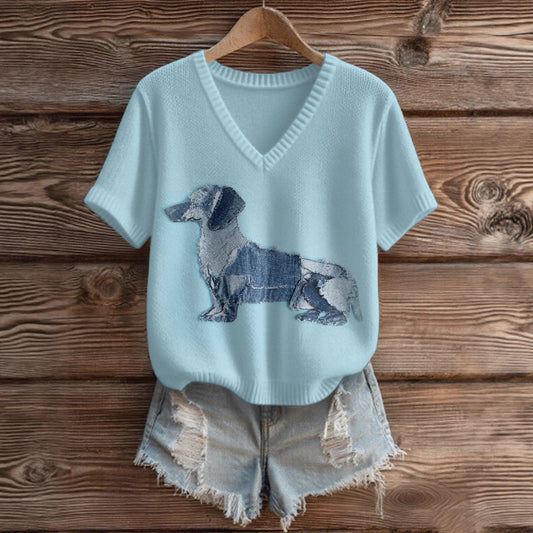 Imitation Sweaters Women's Clothing Short Sleeve V-neck Loose Top