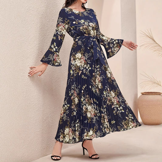 Round-neck Ruffled-sleeve Pleated-hem Dress