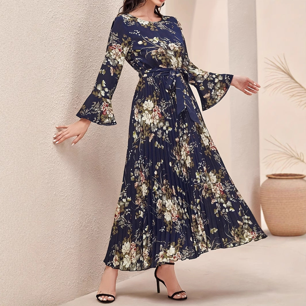 Round-neck Ruffled-sleeve Pleated-hem Dress