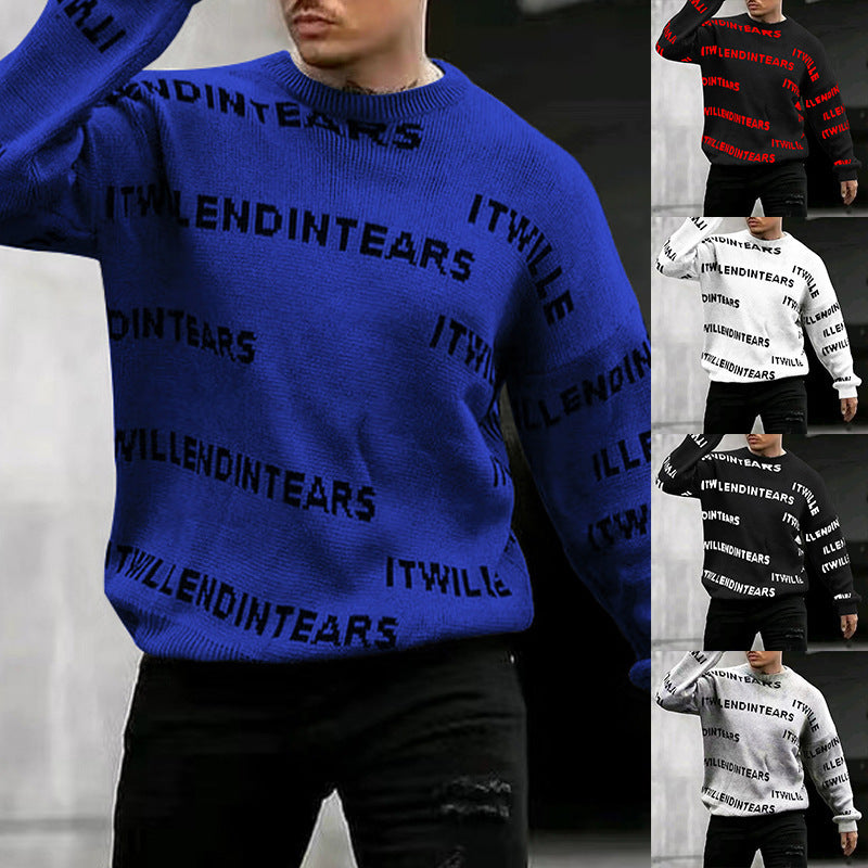 European And American Men's Letter Printing Casual Sweater Loose Round Neck