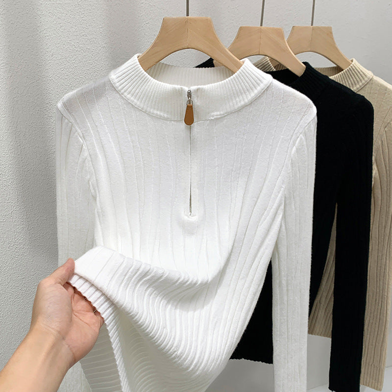 Retro Zipper Ribbed Knit Base Shirt With Semi-high Collar