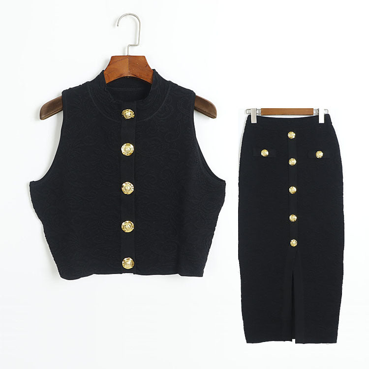 French-style Solid-color Knitted Three-piece Set With A Forked Skirt