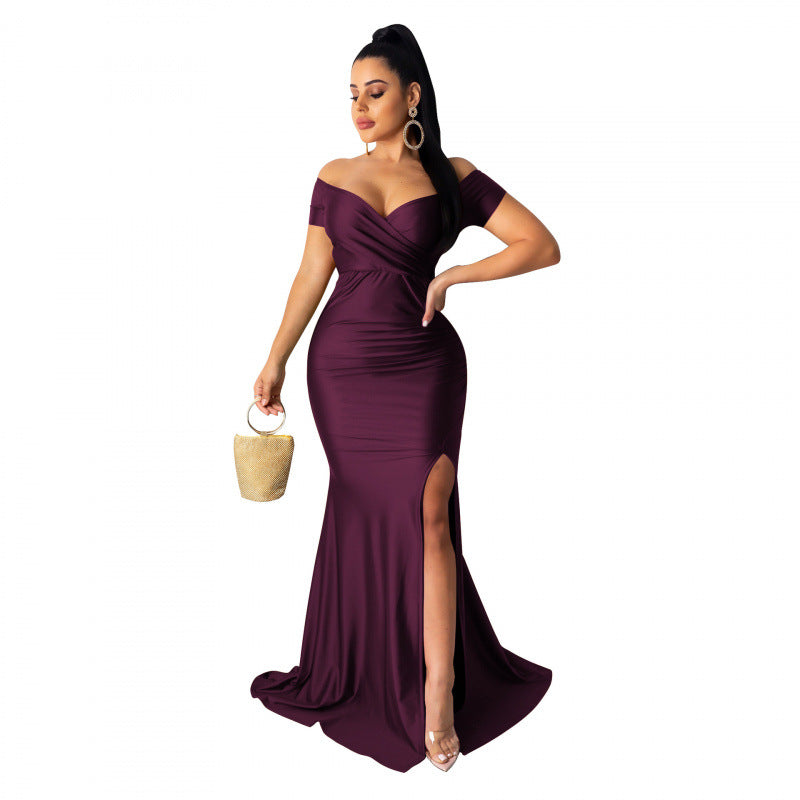 Nightclub V-neck Formal Dress In Solid Color With A High Slit And Short Sleeves