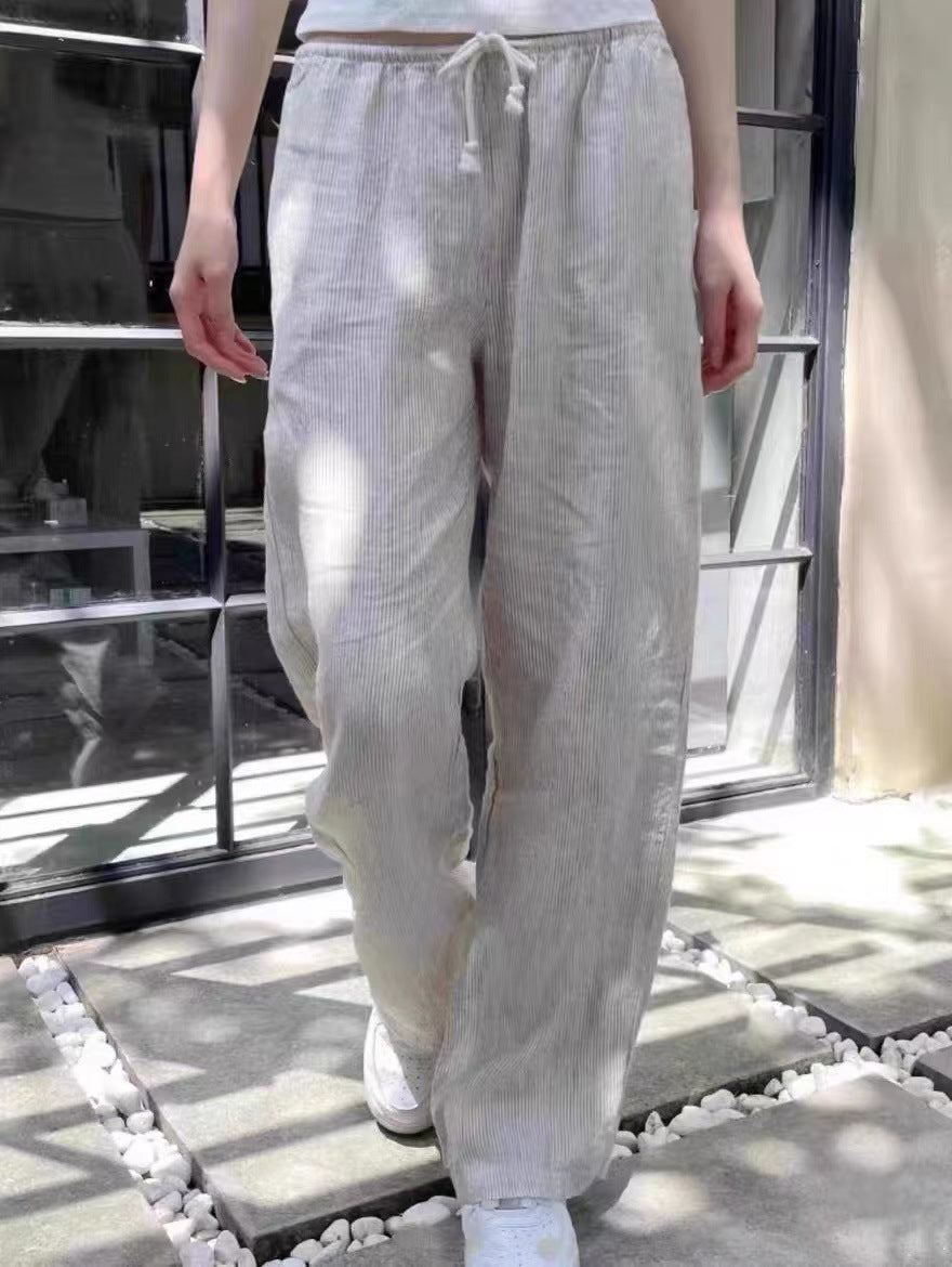 Cotton And Linen High Waist Loose Striped Lace-up Elastic Waist Wide Leg Pants