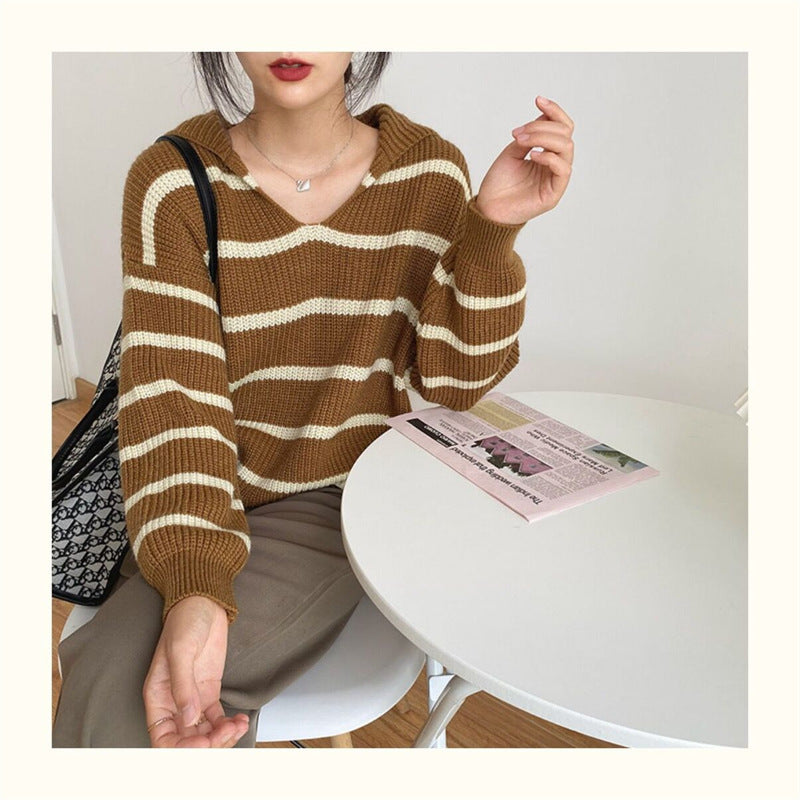 Sailor Collar Western Style Striped Loose Long Sleeve Top Women