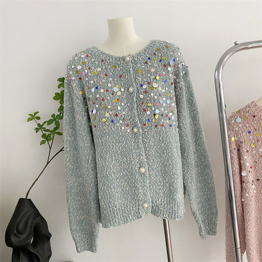 Sweet Design Idle Style Sequined Sweater For Women Spring And Autumn New Knitted Cardigan Outerwear Top