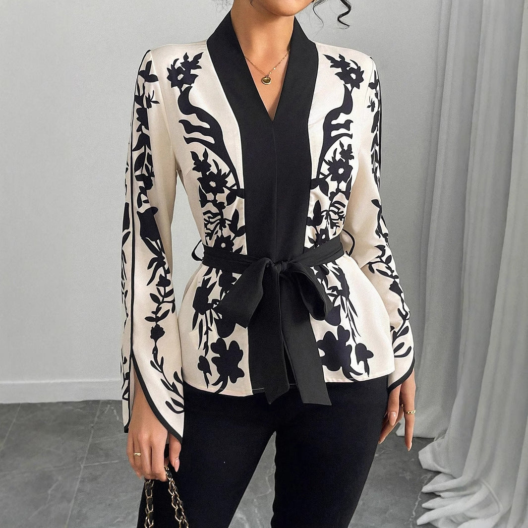 Womens Elegant V-Neck Top With Floral Print