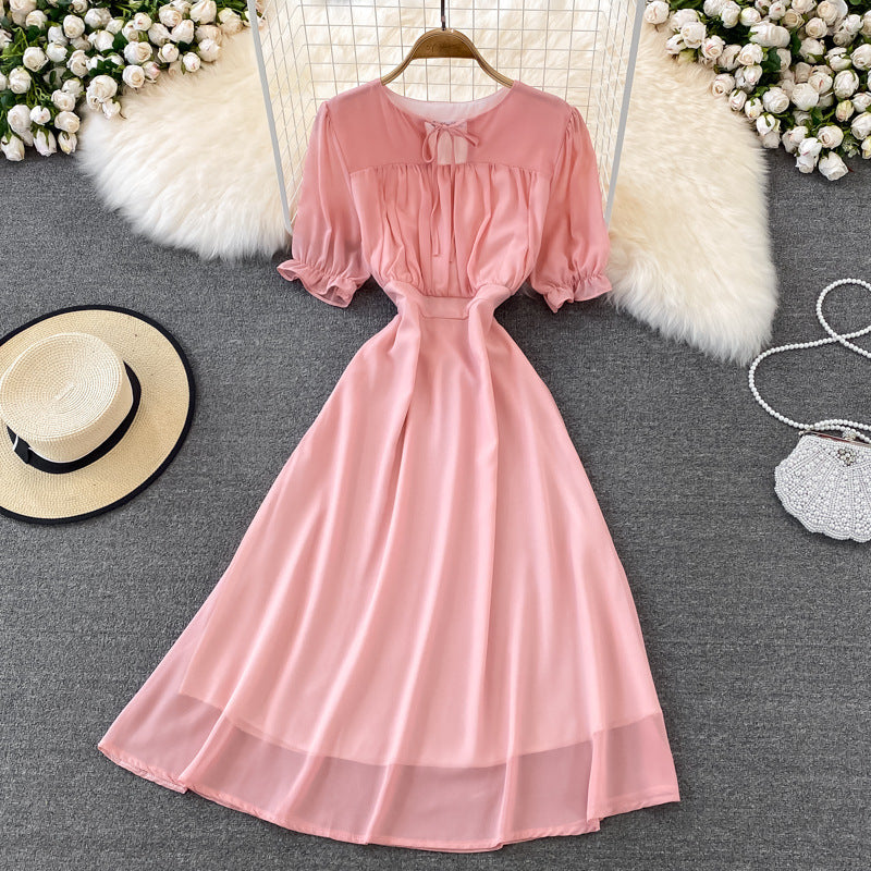 Slimming Puff-sleeve Chiffon Dress Fashion Forward