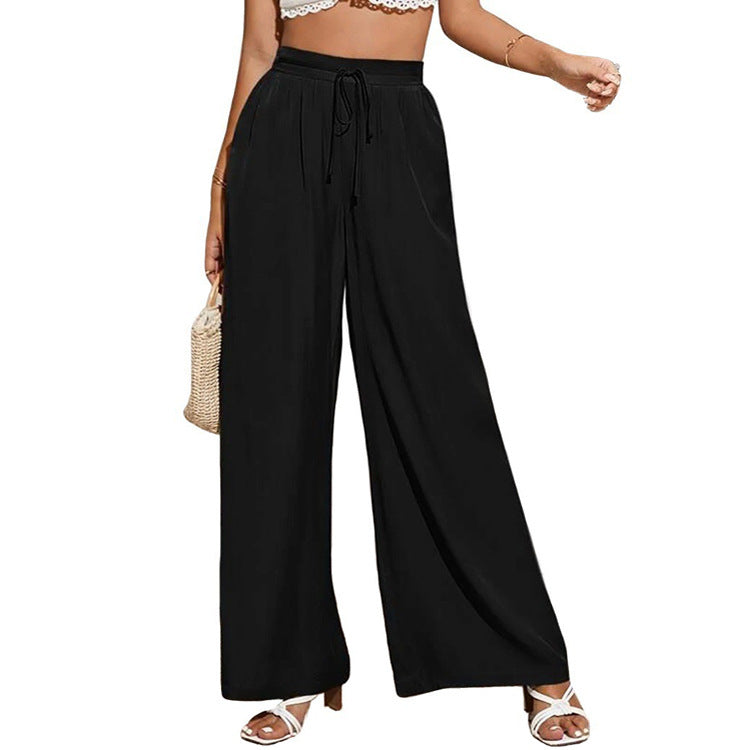 European And American Summer Pure Color Elastic Waist Lace-up Loose Wide-leg Pants
