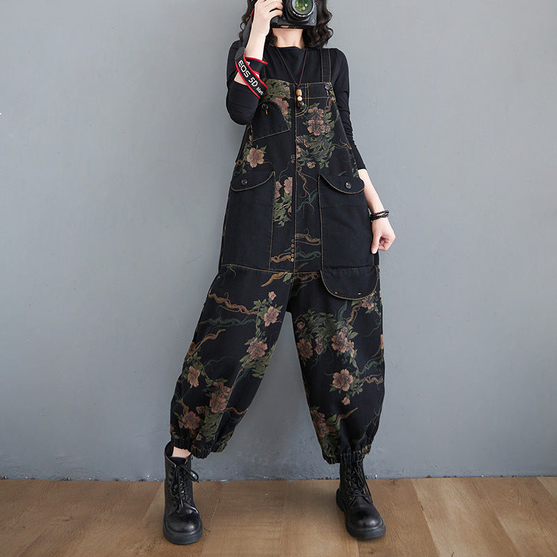 Printed Shoulder Strap Haren Radish Pants Large Loose Jumpsuit Spring And Autumn