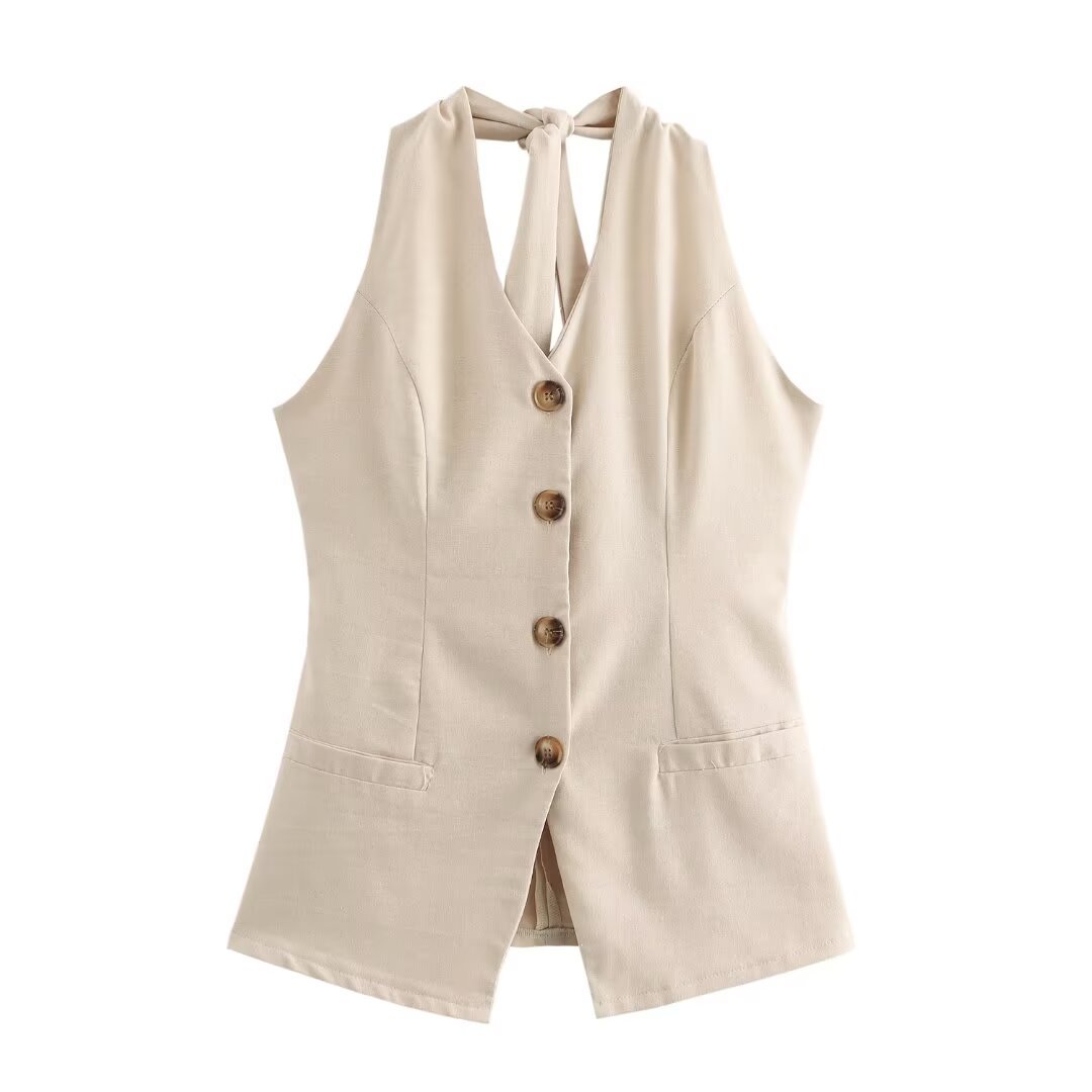 Classic Style Cotton And Linen Halterneck Vest Suit Women's Summer High-grade Trousers