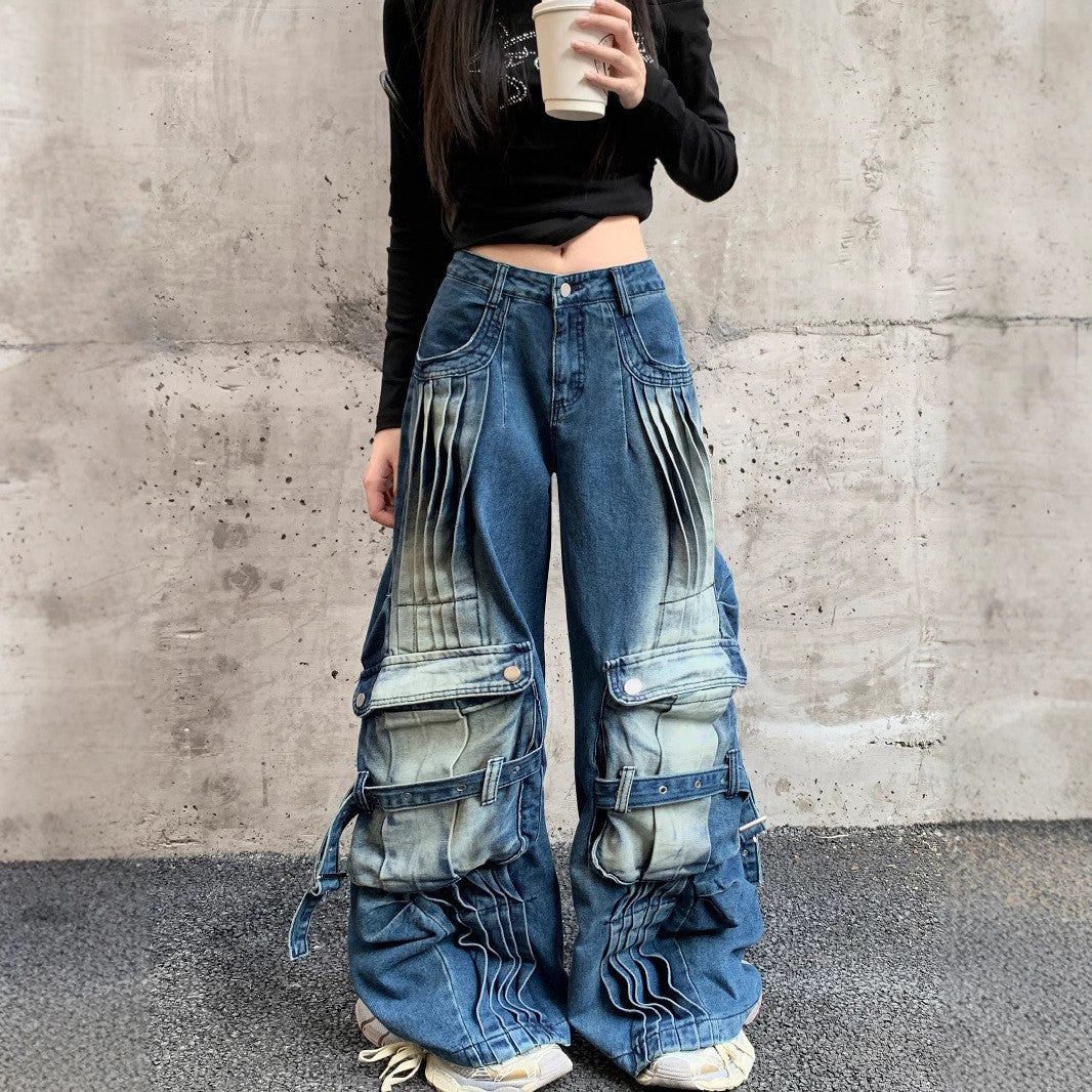 Straight Loose Washed-out Deconstruction Design Cargo Jeans Female