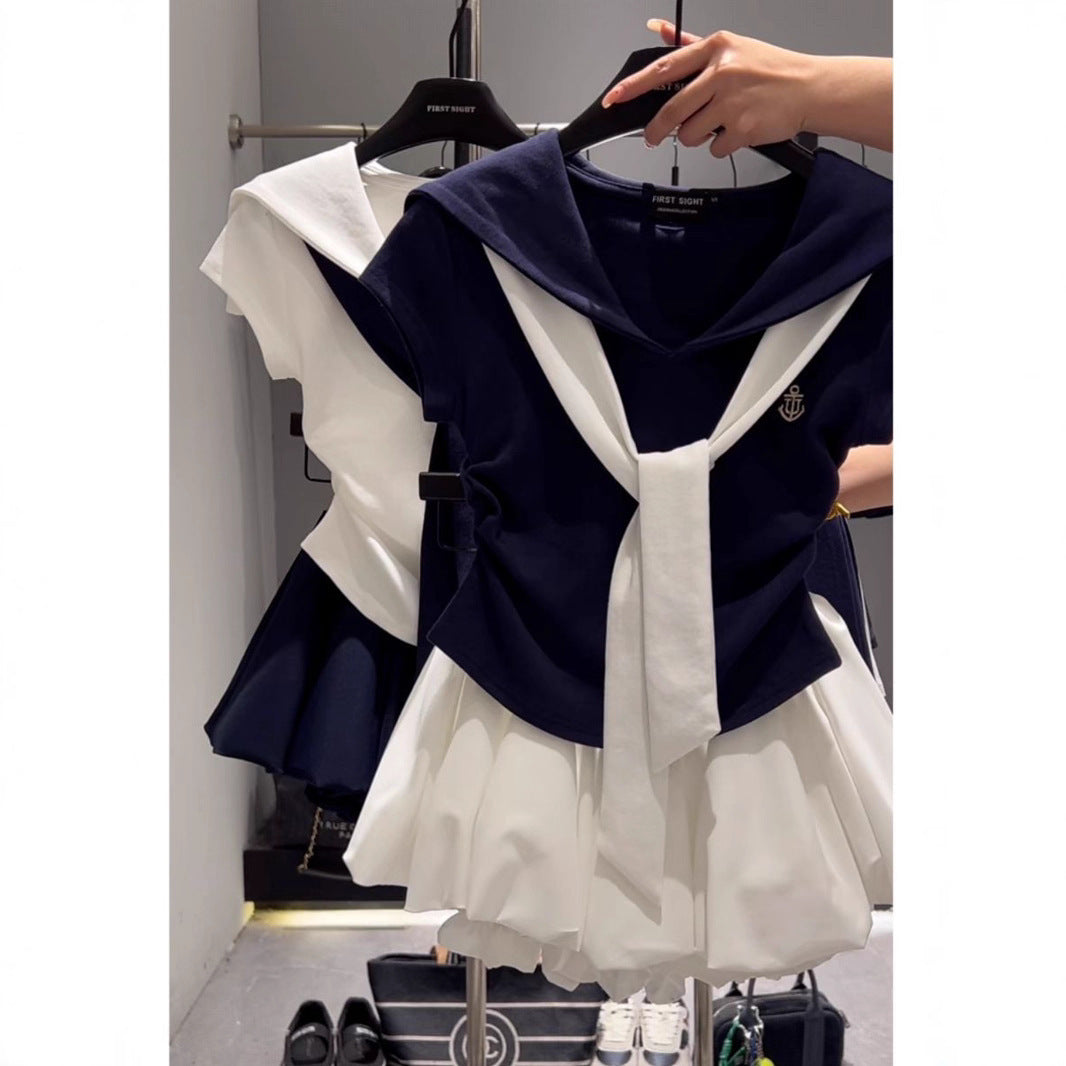 Fake Two-piece Shawl T-shirt And Skirt Fashion Set