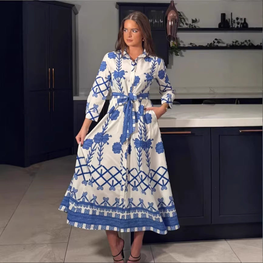 Womens Printed Defined-Waistline Long-Sleeve Dress