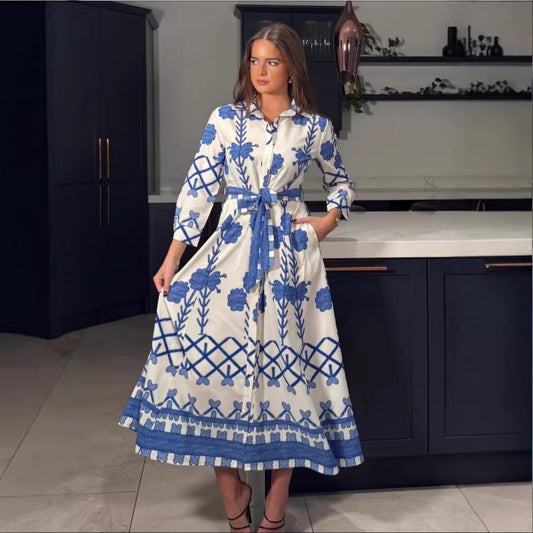 Womens Printed Defined-Waistline Long-Sleeve Dress