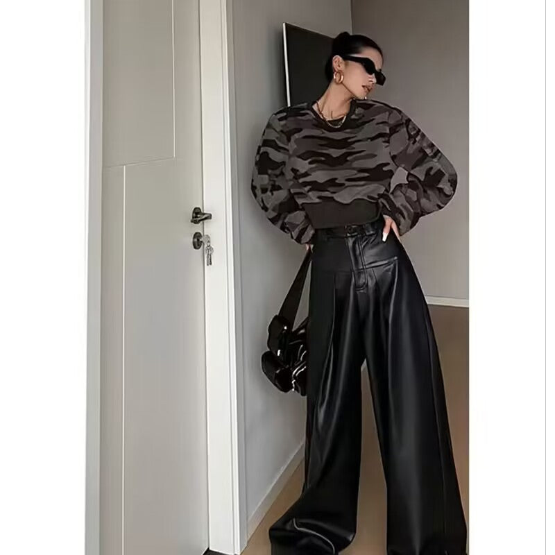 High Waist Drooping PU Leather Pants Female