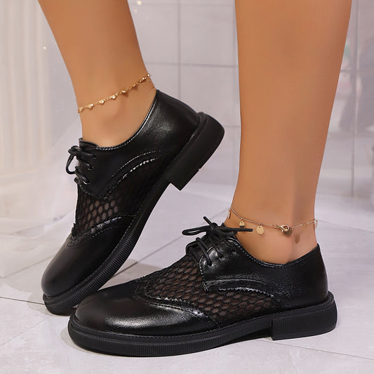 Mid Heel Lace-up Mesh Breathable Stylish Leather Shoes