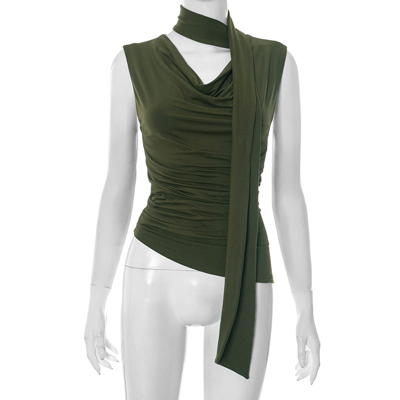 Summer New Solid Color Swing Collar Ribbon Vest T-shirt Top For Women