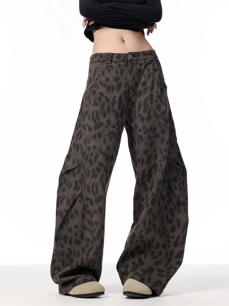 Retro Leopard Jeans Women's Loose Straight Wide-leg Pants