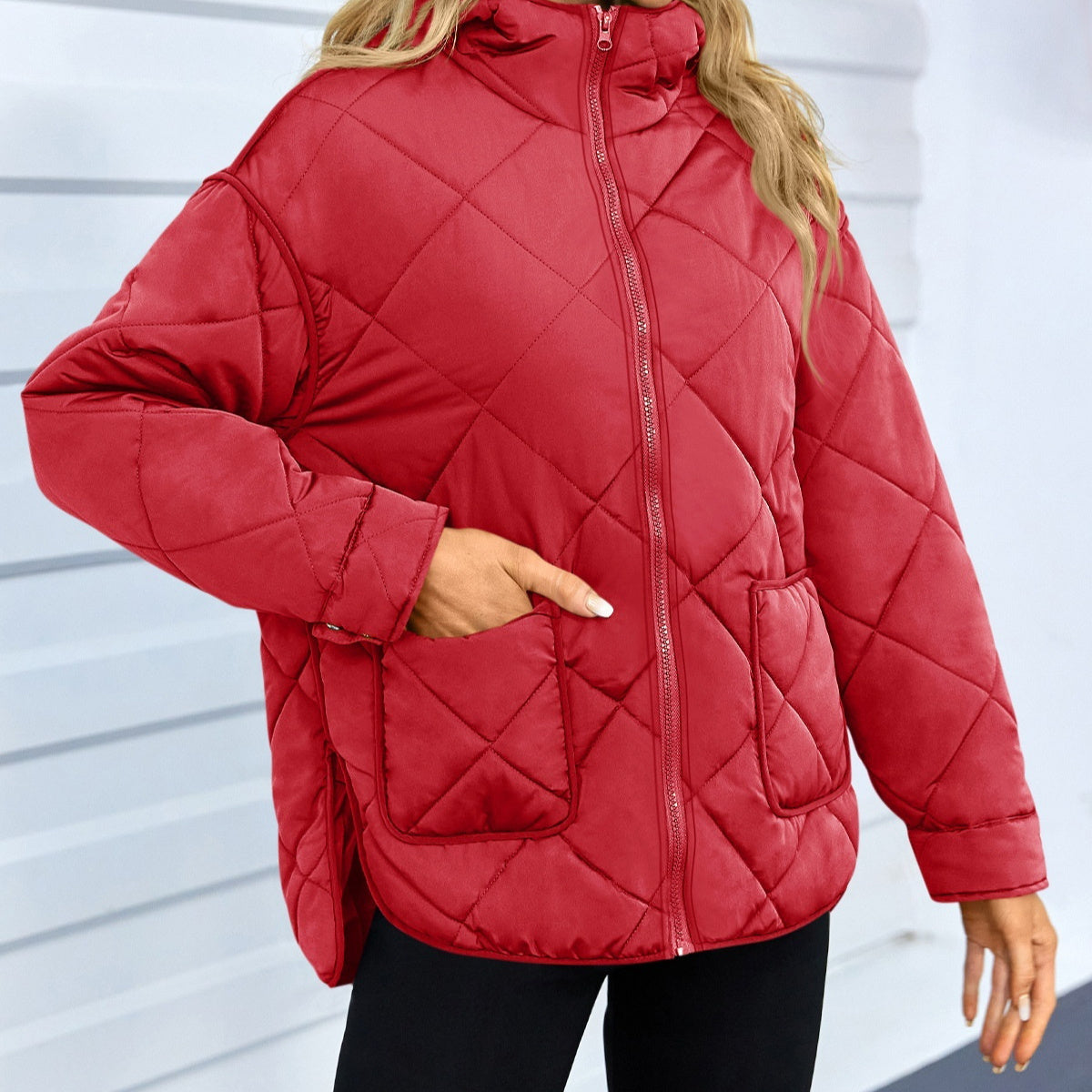 European And American Solid Color Fashion Diamond Lattice Large Pocket Split Cotton Jacket