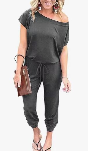 Fashion Slant Shoulder Short Sleeve Pocket Women's Jumpsuit