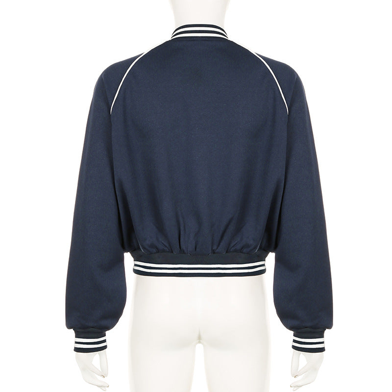 American Retro College Style Color Contrast Patchwork Stand Collar Breasted Baseball Uniform