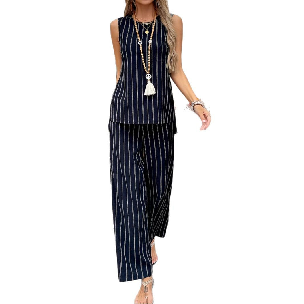 Striped Vest And Wide-Leg Pants Fashion Set